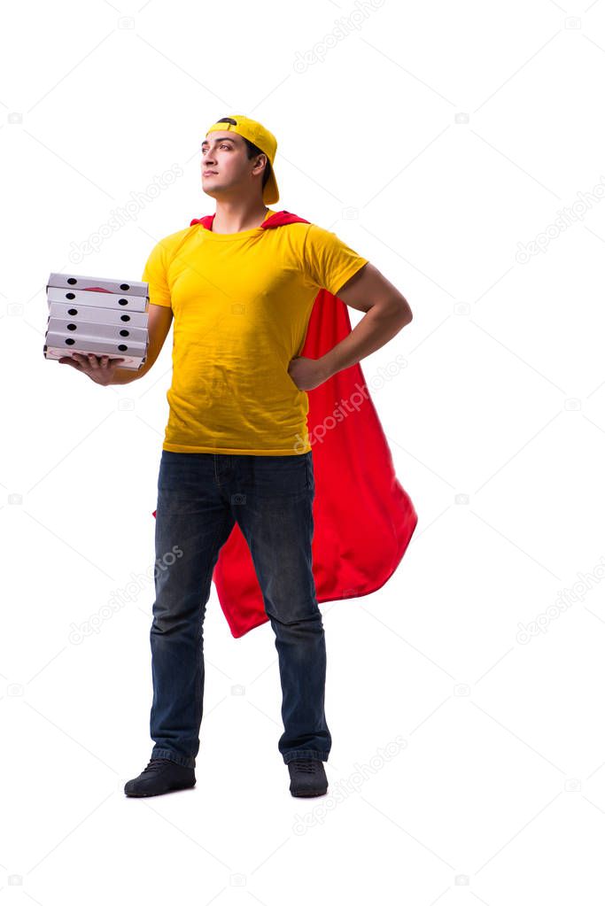 Super hero pizza delivery guy isolated on white