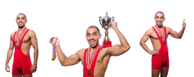 Beyaz arka plan üzerinde izole Kırmızı elbiseli güreşçi