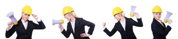 Female construction worker with loudspeaker — Stock Photo, Image