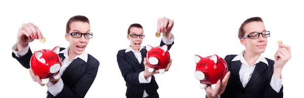 Mujer con piggybank en blanco —  Fotos de Stock