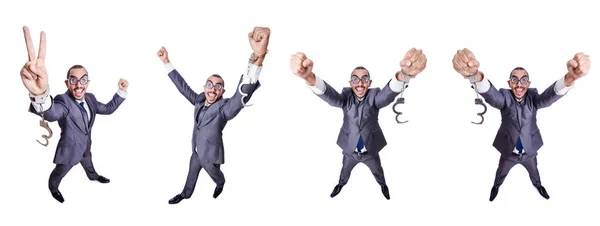 Funny businessman with handcuffs on white — Stock Photo, Image