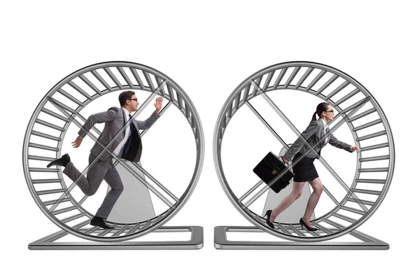 Affärsidén med par körs på hamsterhjulet — Stockfoto