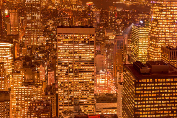 Night view of New York Manhattan during sunset