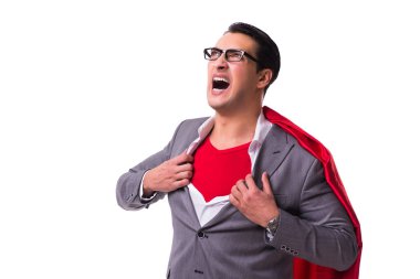 Whtie arka plan üzerinde izole kırmızı kaplı giyen adam