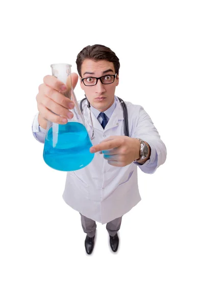 Legrační doktor s modrou tekutinou izolované na bílém — Stock fotografie