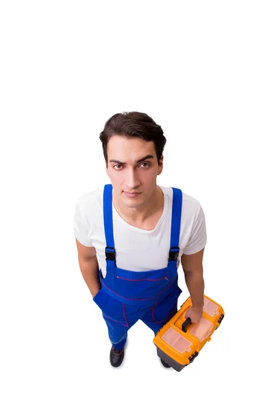 Funny reparador con herramientas aisladas en blanco — Foto de Stock