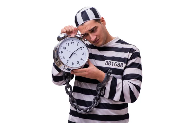 Homme prisonnier avec horloge isolé sur blanc — Photo