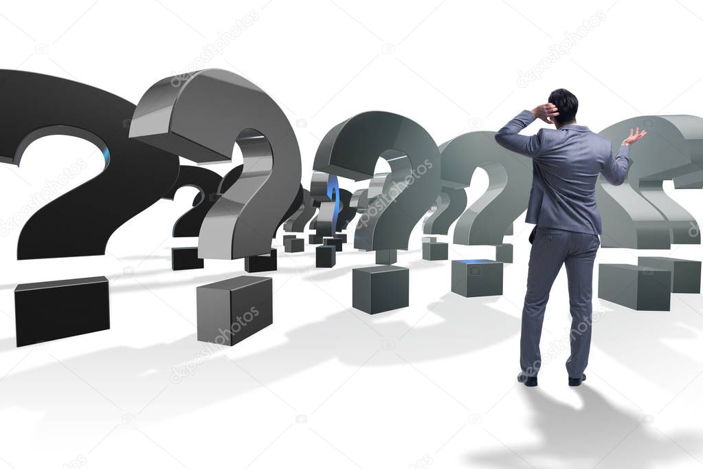 Businessman in uncertainty concept with question marks