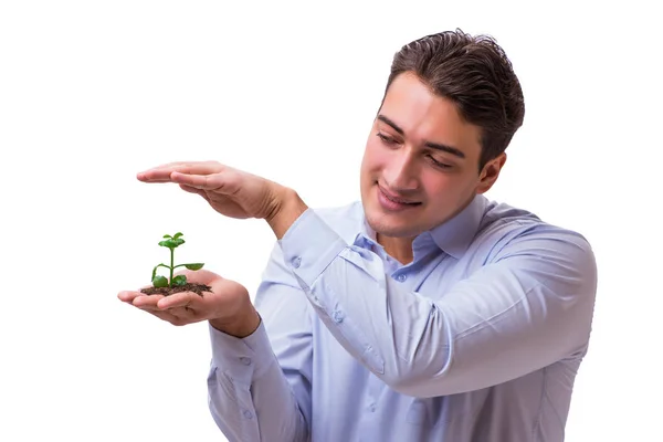 Man som håller gröna plantor isolerade på vit — Stockfoto