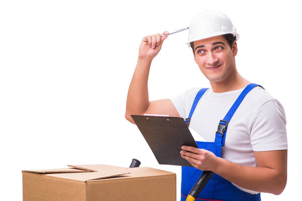 Man delivering box isolated on white