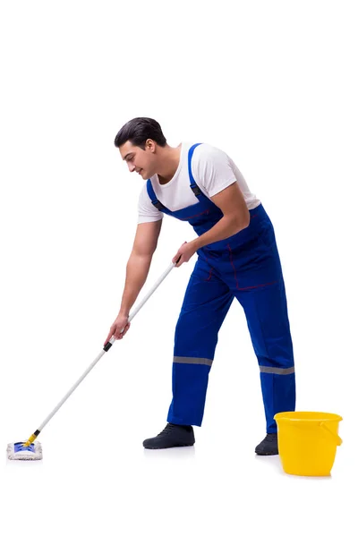 Man cleaning floor isolated on white — Stock Photo, Image