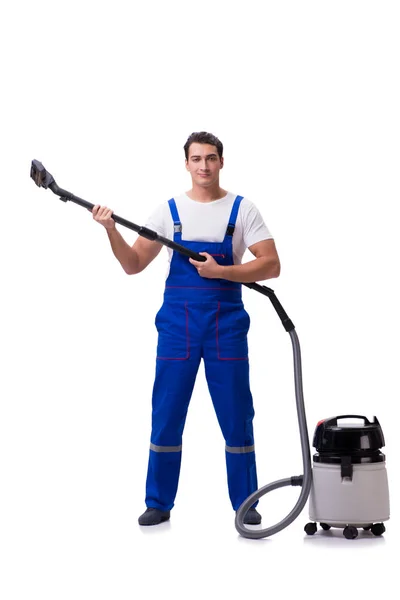 Man in overall doen vacuüm reiniging op wit — Stockfoto