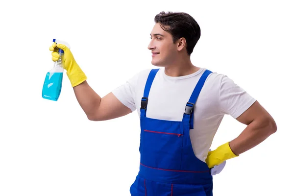 Homem com agentes de limpeza isolados sobre fundo branco — Fotografia de Stock