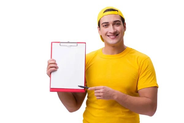 Ragazzo consegna isolato sullo sfondo bianco — Foto Stock