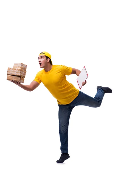 Man delivering christmas present isolated on white — Stock Photo, Image