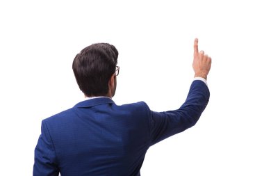 Genç işadamı beyaz izole sanal düğmelere basarak