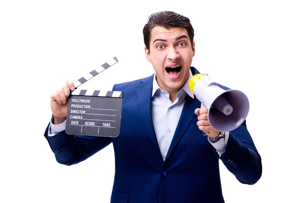 Hombre guapo con aplauso de película aislado en blanco — Foto de Stock