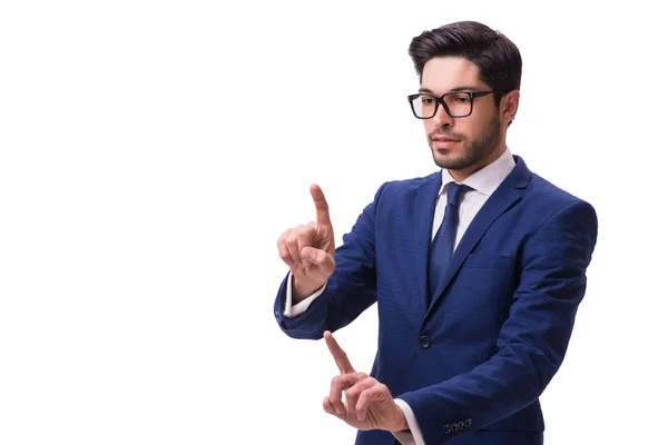 Joven empresario presionando botones virtuales aislados en blanco —  Fotos de Stock