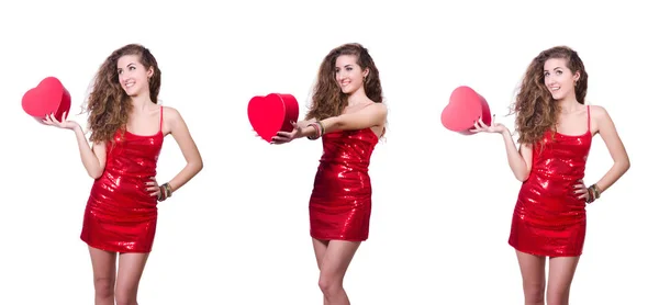 Femme en robe rouge avec des cadeaux de Noël — Photo