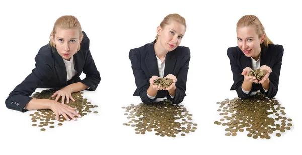 Mujer hombre de negocios con monedas en blanco — Foto de Stock