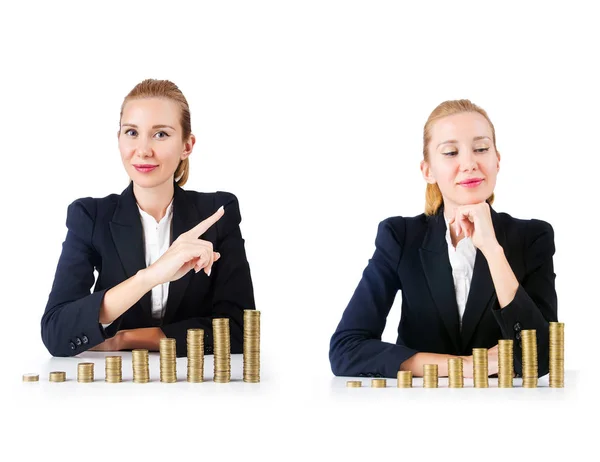 Woman businessman with coins on white — Stock Photo, Image