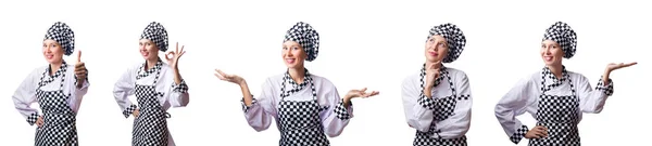 Mulher chef em colagens em branco — Fotografia de Stock