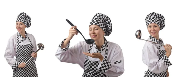 Žena kuchařka v kolážích na bílém — Stock fotografie