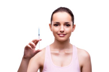 Plastik cerrahi kavramı üzerinde beyaz izole kadın