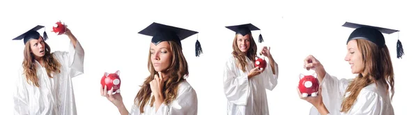 Studente e salvadanaio su bianco — Foto Stock