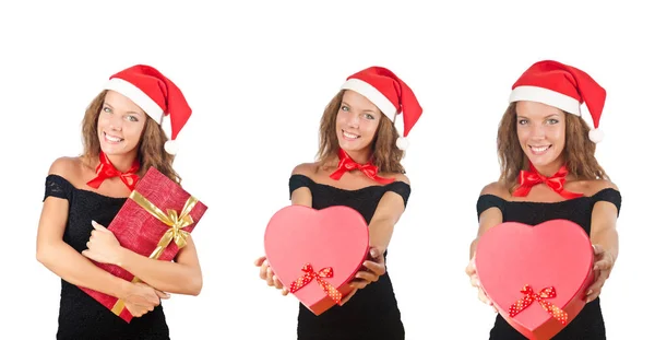 Santa ragazza con scatole regalo su bianco — Foto Stock