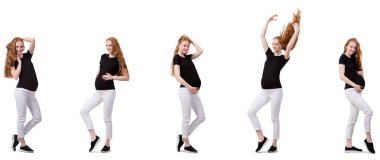 Karmaşık görüntülü hamile kadın beyazda izole edilmiş.