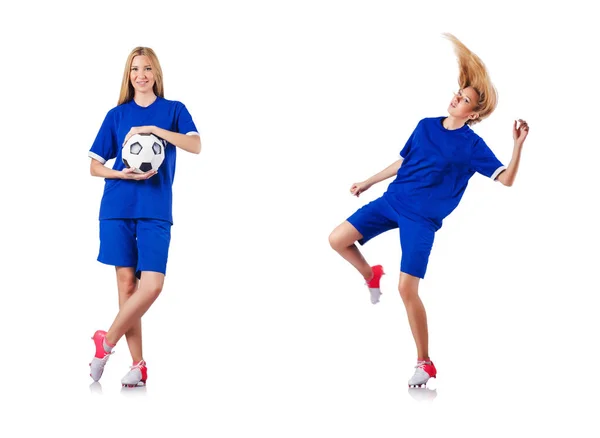 Mulher jogando futebol no branco — Fotografia de Stock