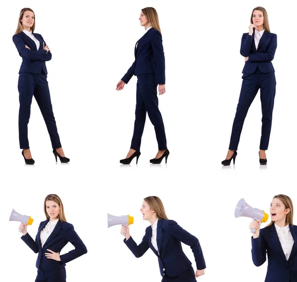 Businesswoman with loudspeaker isolated on white — Stock Photo, Image