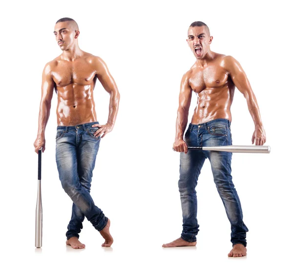 Muscular man with baseball bat on white — Stock Photo, Image