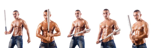 Muscular man with baseball bat on white — Stock Photo, Image