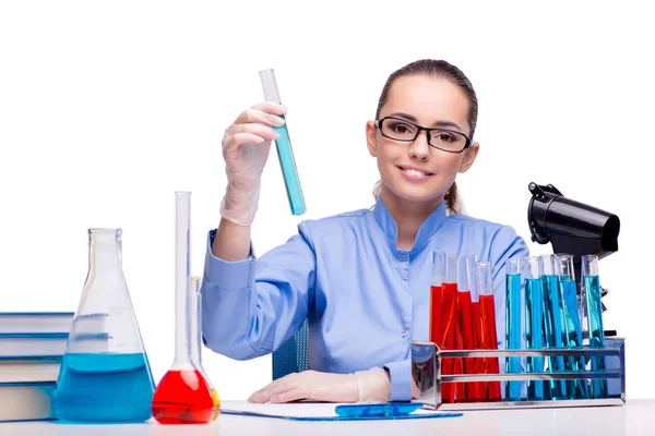 Lab chemist working with microscope and tubes — Stock Photo, Image