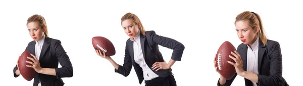 Preety office employee with rugby ball isolated on white — Stock Photo, Image