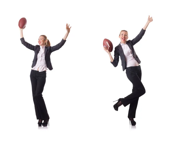 Empleado de oficina Preety con pelota de rugby aislada en blanco — Foto de Stock