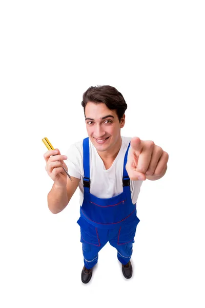 Funny repairman with tools isolated on white — Stock Photo, Image