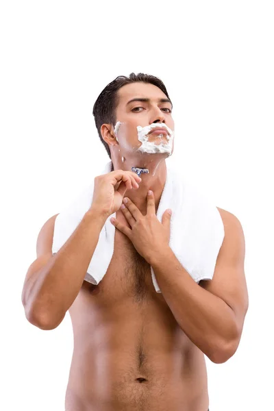 Handsome man shaving isolated on white — Stock Photo, Image