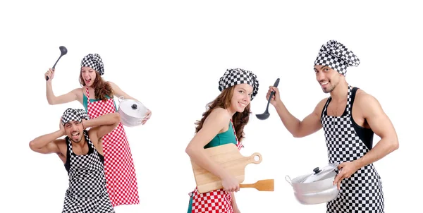 Par de cozinheiros engraçados em branco — Fotografia de Stock