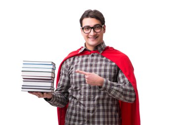 Kitapları beyaza ayrılmış süper kahraman öğrenci.