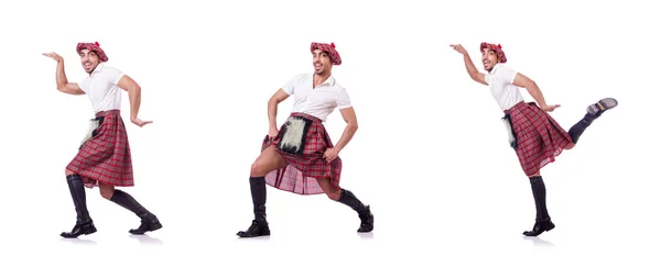 Шотландський чоловік танцює на білому — стокове фото