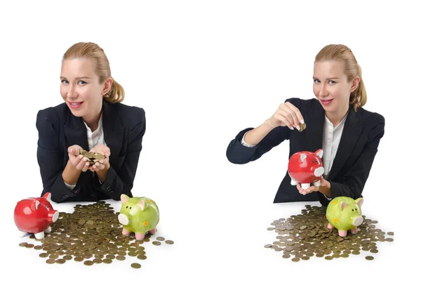 Woman breaking piggy bank for savings — Stock Photo, Image