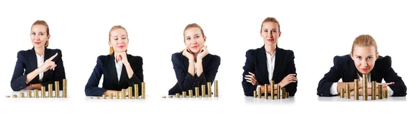 Mujer hombre de negocios con monedas en blanco —  Fotos de Stock