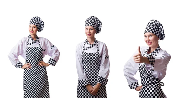 Mulher chef em colagens em branco — Fotografia de Stock