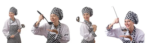 콜라주에서 흰색으로 요리하는 여자 요리사 — 스톡 사진