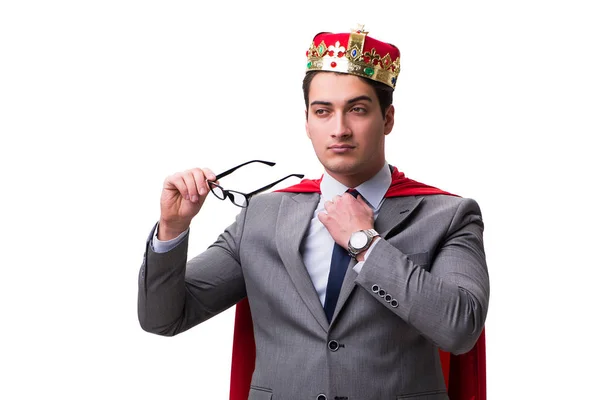 Rei empresário vestindo capa vermelha no branco — Fotografia de Stock