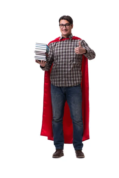 超级英雄学生用白色隔离的书本 — 图库照片
