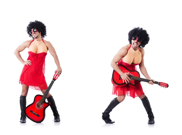 Man in woman clothing with guitar — Stock Photo, Image